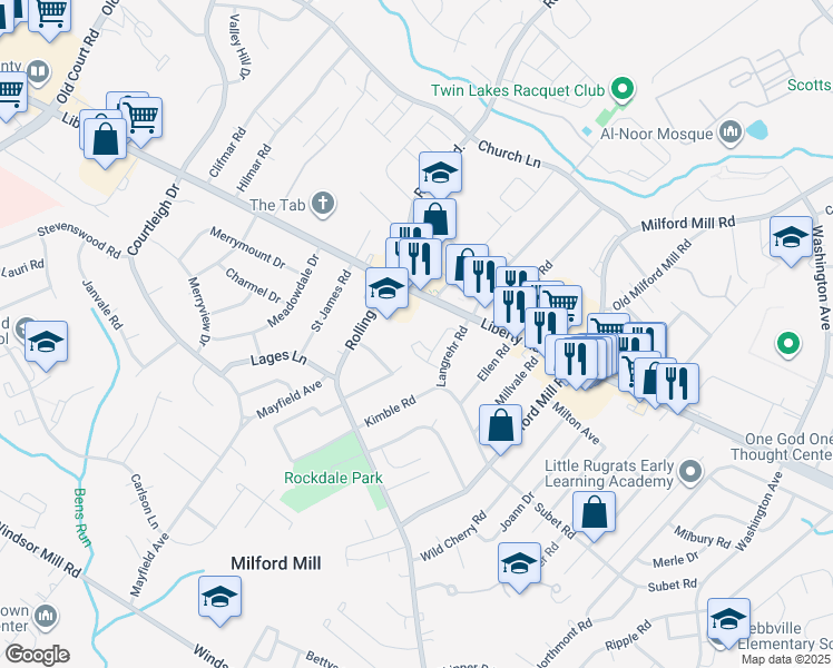 map of restaurants, bars, coffee shops, grocery stores, and more near 3516 Langrehr Road in Milford Mill
