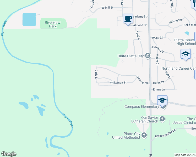 map of restaurants, bars, coffee shops, grocery stores, and more near 2113 Catie Lane in Platte City