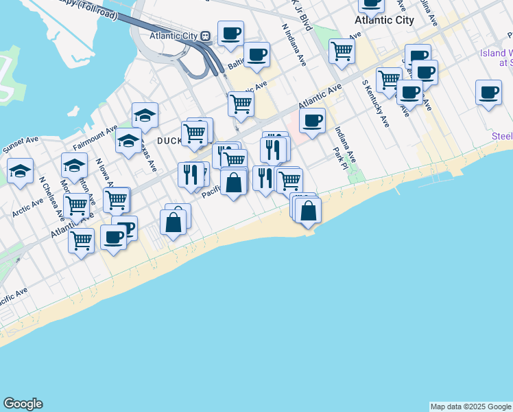 map of restaurants, bars, coffee shops, grocery stores, and more near 2300-2498 Boardwalk in Atlantic City