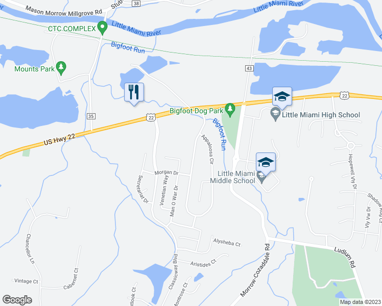 map of restaurants, bars, coffee shops, grocery stores, and more near 5169 Appaloosa Circle in Morrow