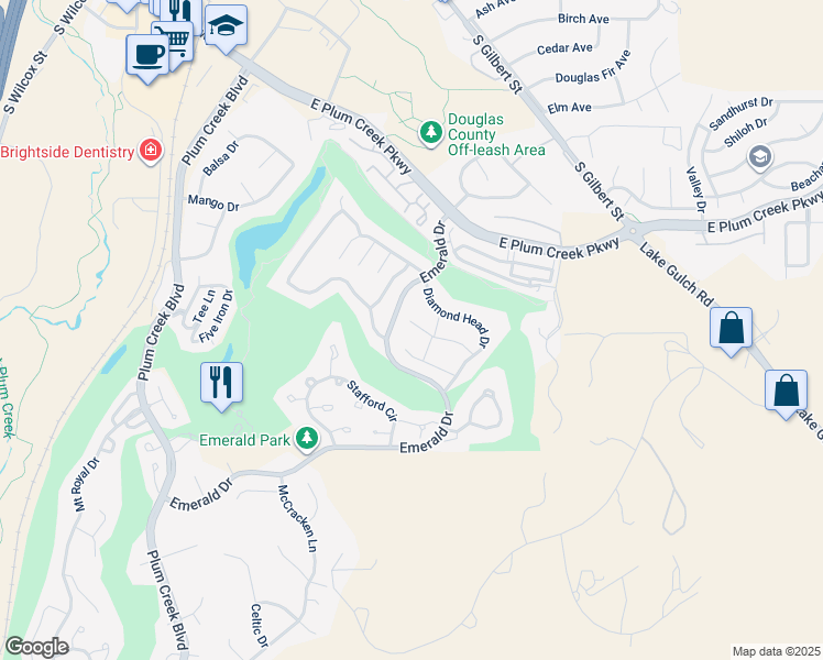 map of restaurants, bars, coffee shops, grocery stores, and more near 1134 Bonnyton Place in Castle Rock