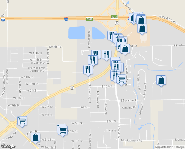 map of restaurants, bars, coffee shops, grocery stores, and more near 1405 North Greensburg Crossing in Greensburg