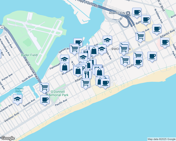 map of restaurants, bars, coffee shops, grocery stores, and more near 26 North Brighton Avenue in Atlantic City