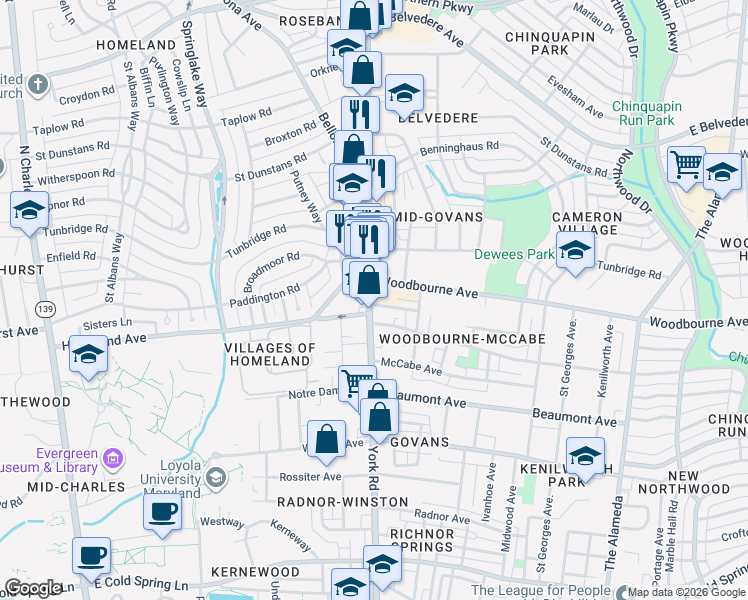 map of restaurants, bars, coffee shops, grocery stores, and more near 500 Sheridan Avenue in Baltimore