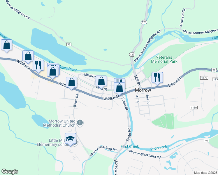 map of restaurants, bars, coffee shops, grocery stores, and more near 206 Miranda Street in Morrow