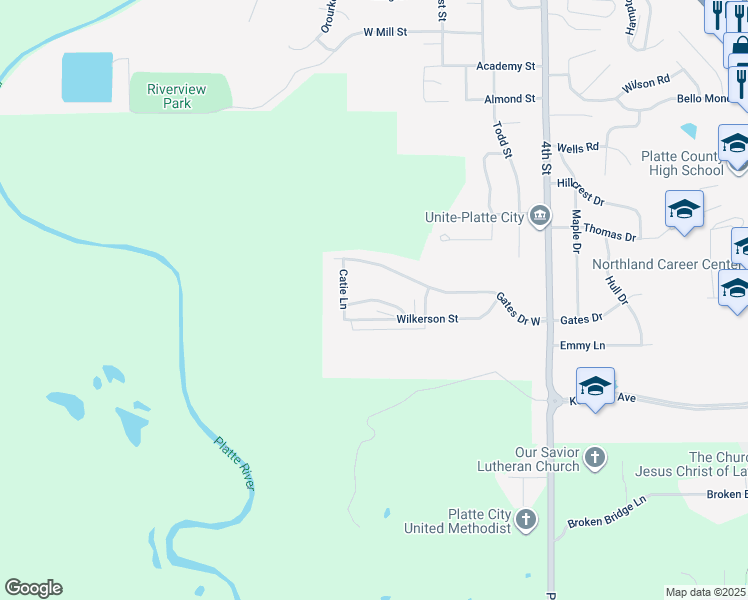 map of restaurants, bars, coffee shops, grocery stores, and more near 1865 Gates Drive West in Platte City