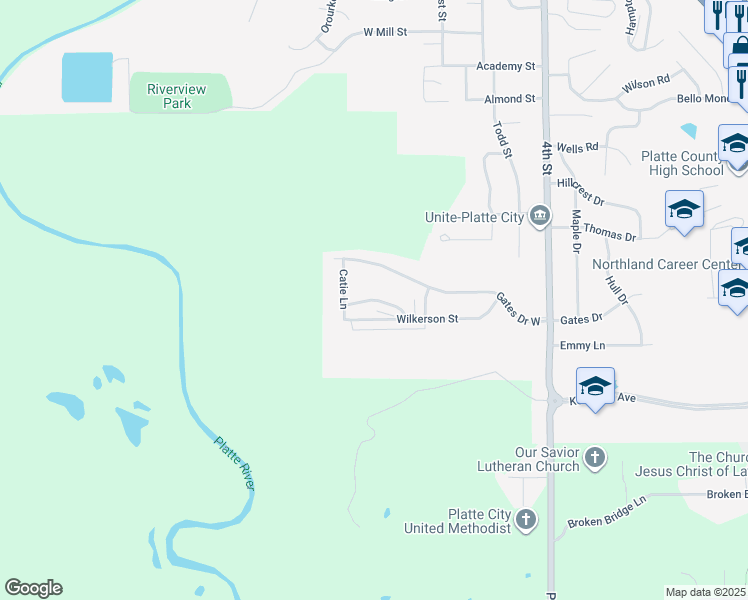 map of restaurants, bars, coffee shops, grocery stores, and more near Century Hill in Platte City