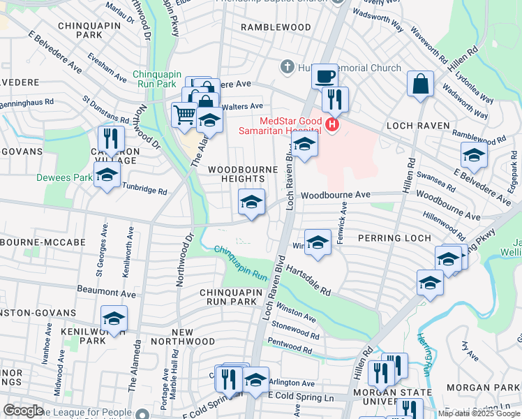 map of restaurants, bars, coffee shops, grocery stores, and more near 1330 Woodbourne Avenue in Baltimore