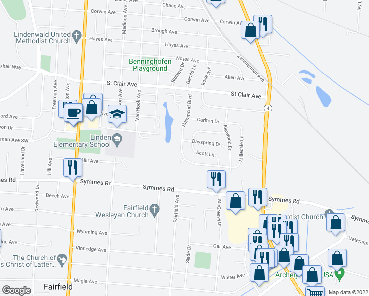map of restaurants, bars, coffee shops, grocery stores, and more near 4020 Hammond Boulevard in Hamilton