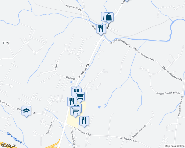 map of restaurants, bars, coffee shops, grocery stores, and more near 601 Sobrina Farms Court in Woodbine