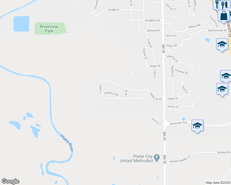map of restaurants, bars, coffee shops, grocery stores, and more near 1882 Gates Court in Platte City