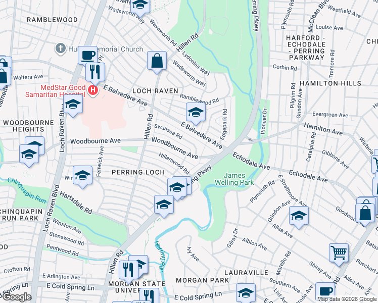 map of restaurants, bars, coffee shops, grocery stores, and more near 2016 Woodbourne Avenue in Baltimore