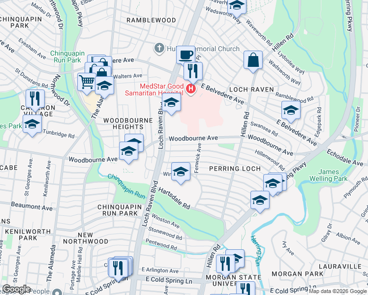 map of restaurants, bars, coffee shops, grocery stores, and more near 1526 Northbourne Road in Baltimore