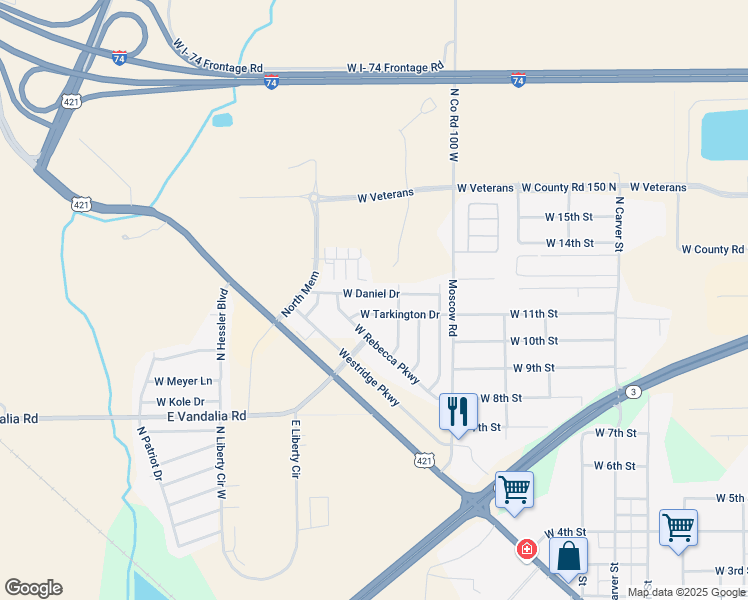 map of restaurants, bars, coffee shops, grocery stores, and more near 1412 West Daniel Drive in Greensburg