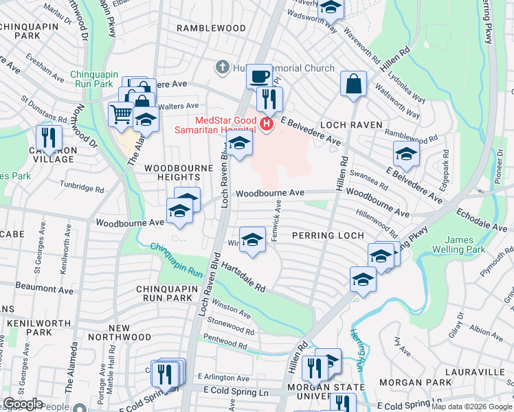 map of restaurants, bars, coffee shops, grocery stores, and more near 1526 Northbourne Road in Baltimore