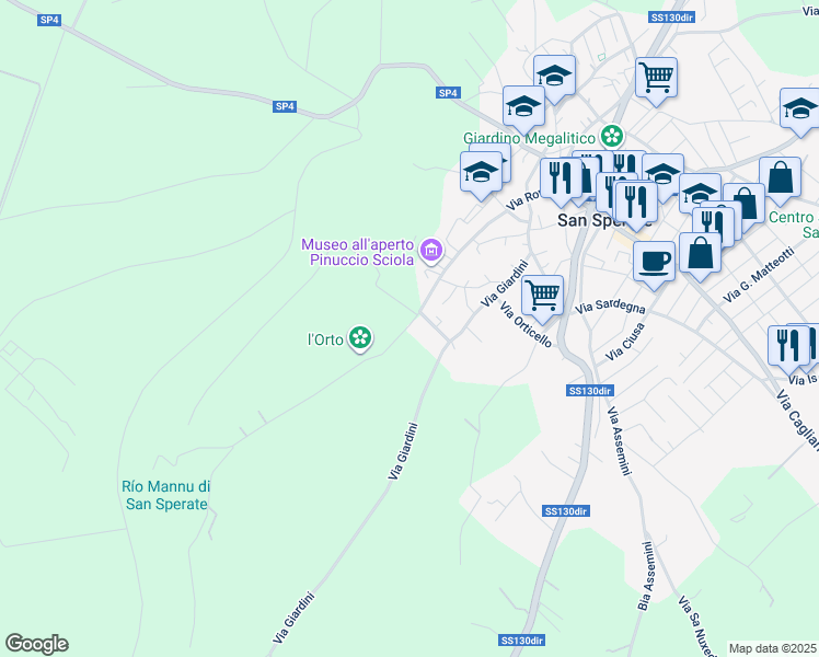map of restaurants, bars, coffee shops, grocery stores, and more near 101 Via San Sebastiano in San Sperate