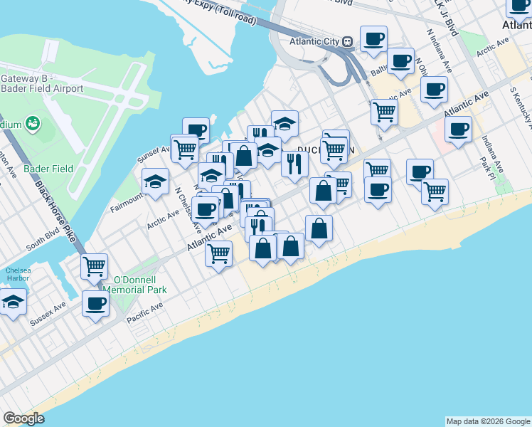 map of restaurants, bars, coffee shops, grocery stores, and more near 2711 Atlantic Avenue in Atlantic City