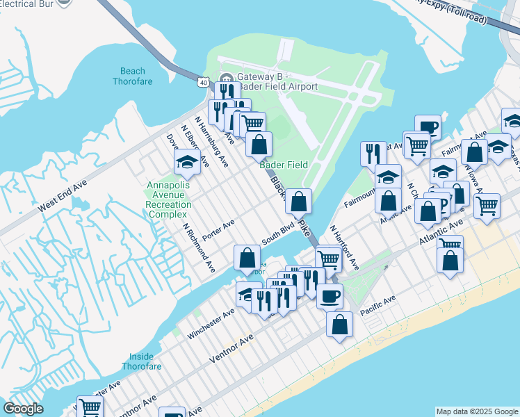 map of restaurants, bars, coffee shops, grocery stores, and more near 418 Wisteria Road in Atlantic City