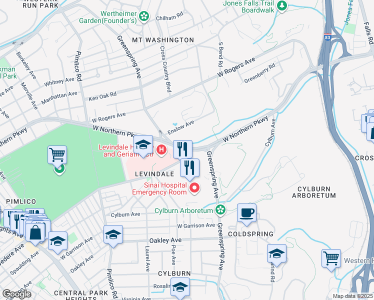 map of restaurants, bars, coffee shops, grocery stores, and more near 2400 W Belvedere Ave in Baltimore