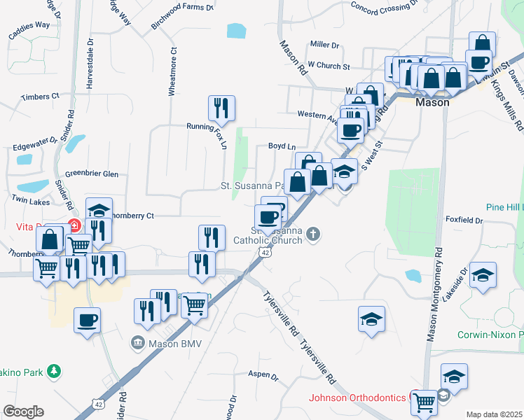 map of restaurants, bars, coffee shops, grocery stores, and more near 224 East Circle Drive in Mason