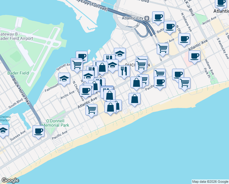 map of restaurants, bars, coffee shops, grocery stores, and more near 2711 Atlantic Avenue in Atlantic City
