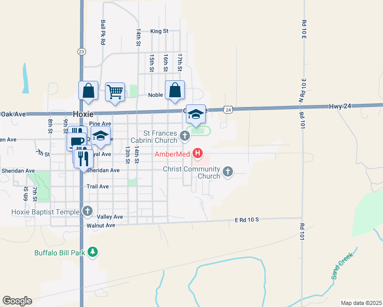 map of restaurants, bars, coffee shops, grocery stores, and more near 18th Street in Hoxie