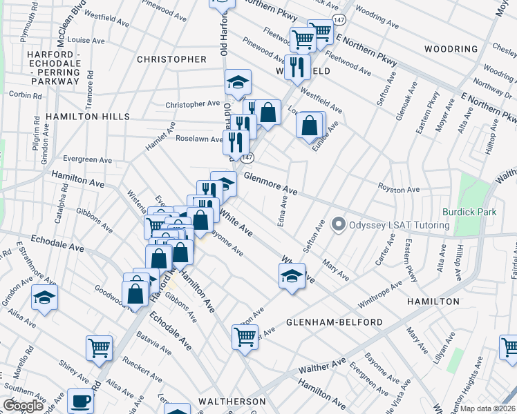 map of restaurants, bars, coffee shops, grocery stores, and more near 3018 Mary Avenue in Baltimore