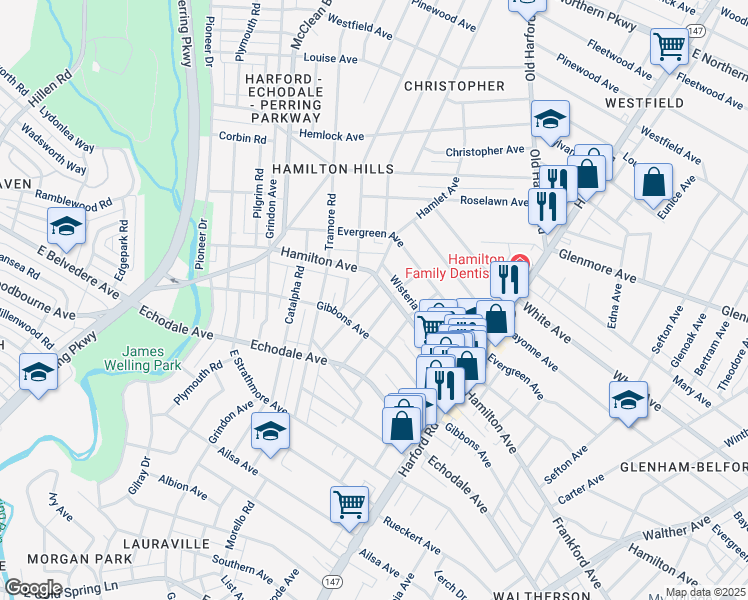 map of restaurants, bars, coffee shops, grocery stores, and more near 5409 Hamlet Avenue in Baltimore