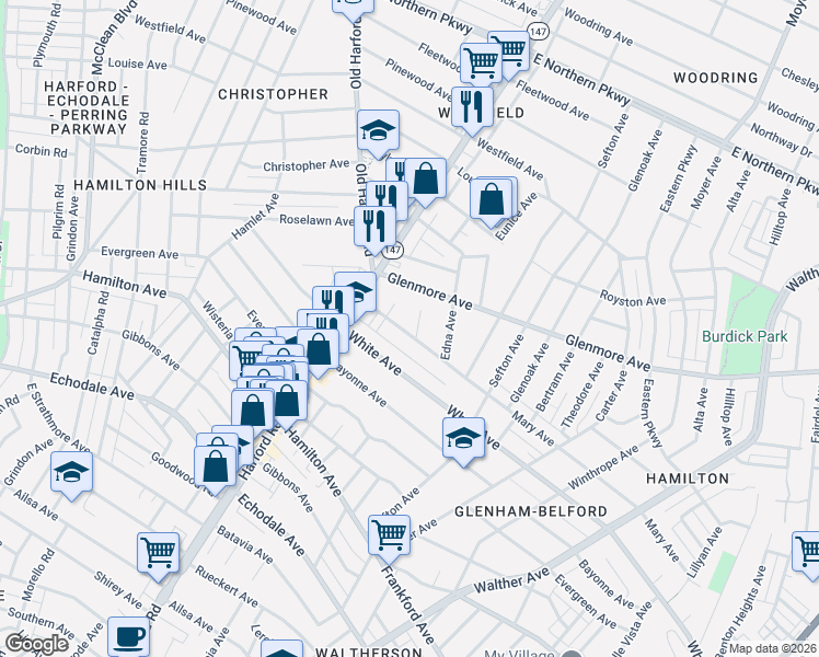 map of restaurants, bars, coffee shops, grocery stores, and more near 3018 Mary Avenue in Baltimore