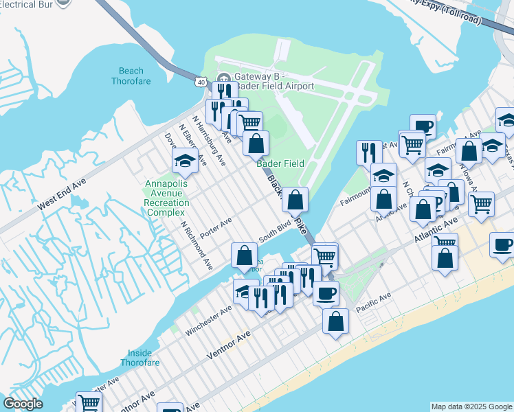 map of restaurants, bars, coffee shops, grocery stores, and more near 418 Wisteria Road in Atlantic City