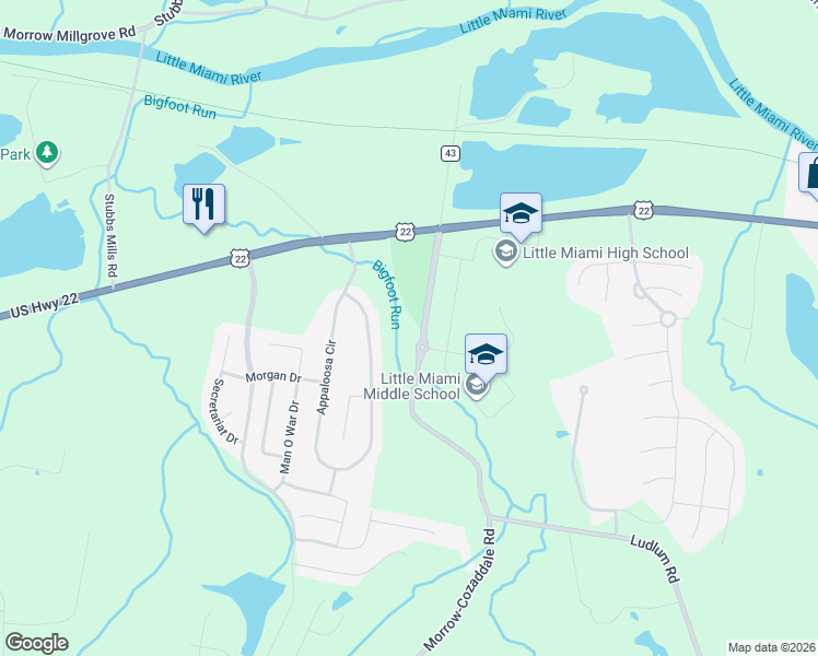 map of restaurants, bars, coffee shops, grocery stores, and more near 5275 Morrow-Cozaddale Road in Morrow