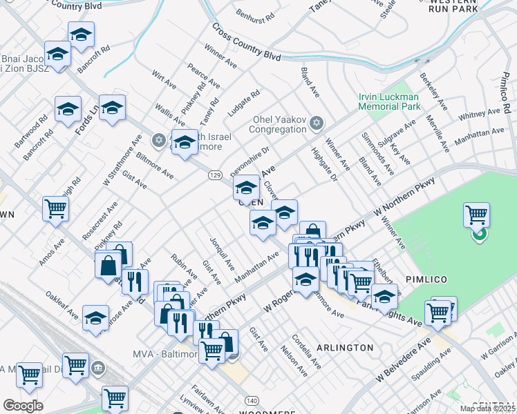 map of restaurants, bars, coffee shops, grocery stores, and more near 5809 Park Heights Avenue in Baltimore
