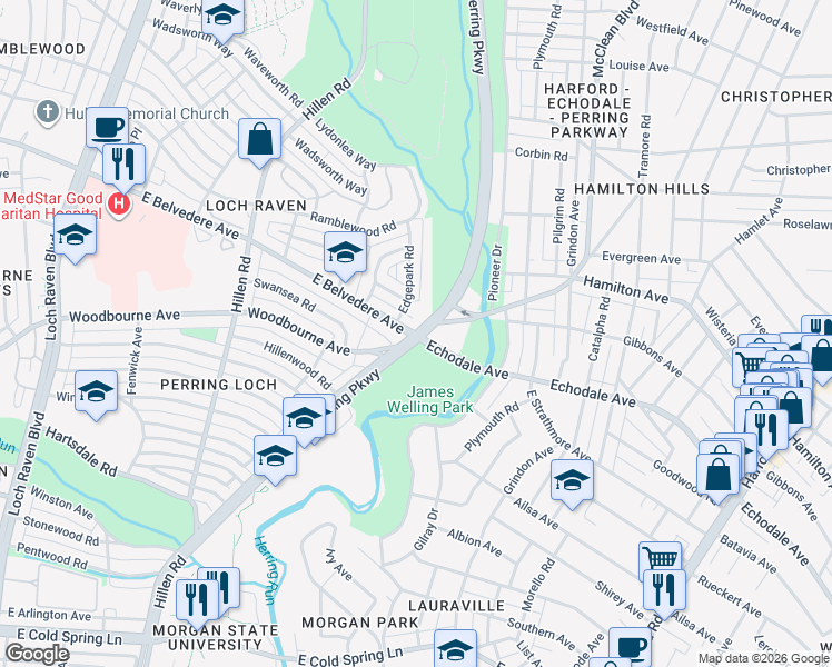 map of restaurants, bars, coffee shops, grocery stores, and more near Perring Pkwy & E Belvedere Ave in Baltimore