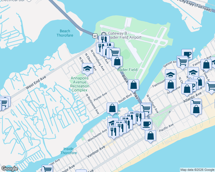 map of restaurants, bars, coffee shops, grocery stores, and more near 455 North Elberon Avenue in Atlantic City