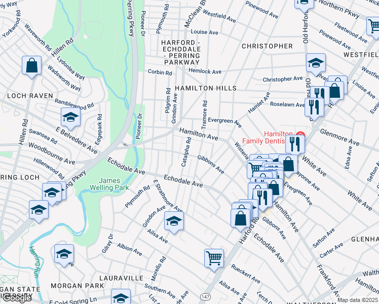 map of restaurants, bars, coffee shops, grocery stores, and more near 5401 Catalpha Road in Baltimore