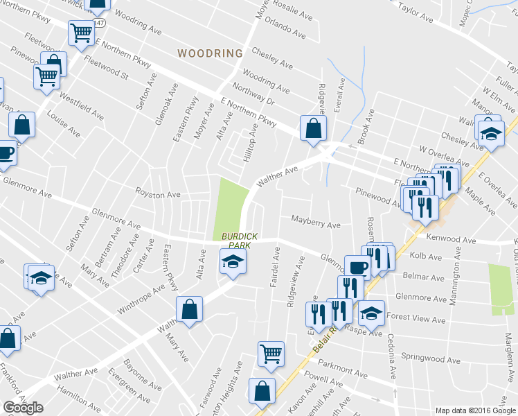map of restaurants, bars, coffee shops, grocery stores, and more near 6316 Elinore Avenue in Baltimore