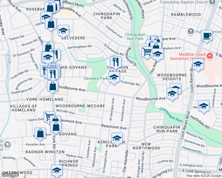 map of restaurants, bars, coffee shops, grocery stores, and more near 900 Woodbourne Avenue in Baltimore