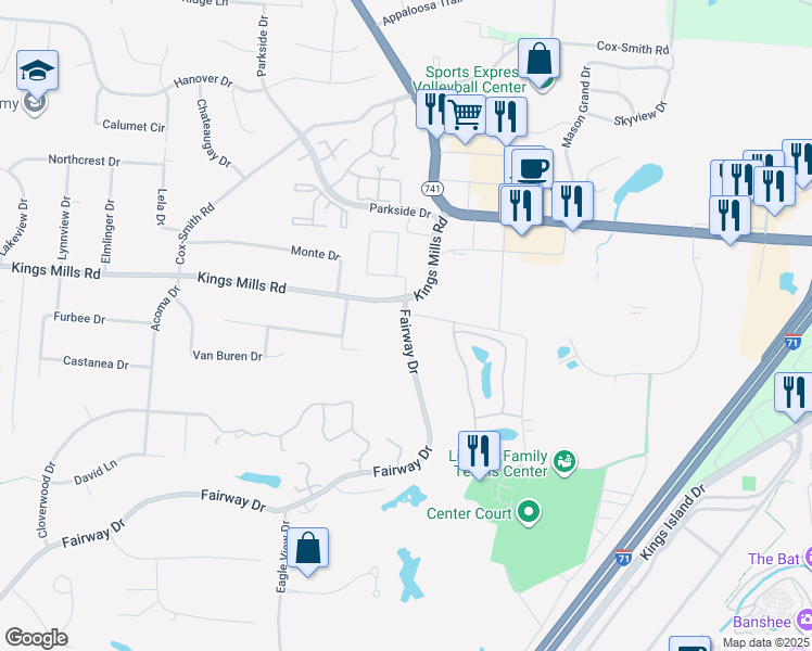 map of restaurants, bars, coffee shops, grocery stores, and more near 491 Fairway Drive in Mason