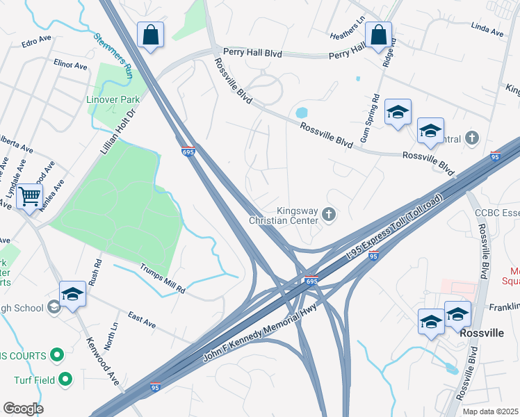 map of restaurants, bars, coffee shops, grocery stores, and more near 7422 Brushfield Road in Rosedale