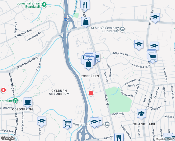 map of restaurants, bars, coffee shops, grocery stores, and more near 2 Village Square in Baltimore