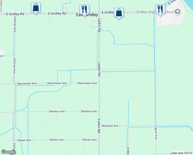 map of restaurants, bars, coffee shops, grocery stores, and more near 1369 Larkin Road in Gridley