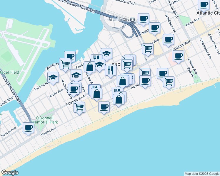 map of restaurants, bars, coffee shops, grocery stores, and more near 2616 Atlantic Avenue in Atlantic City
