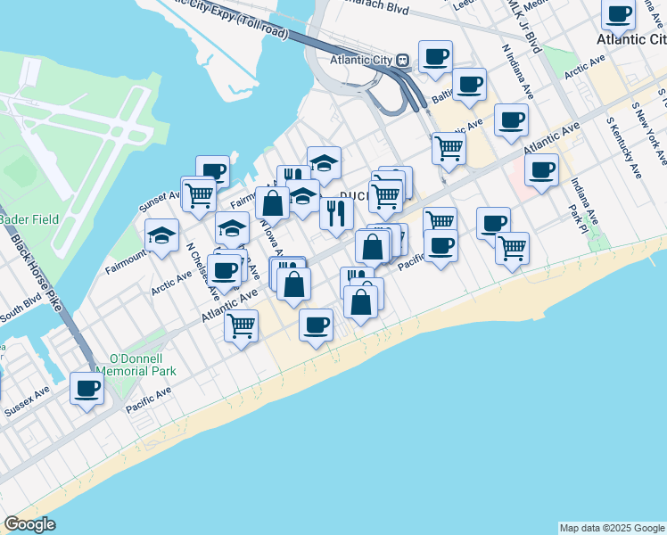 map of restaurants, bars, coffee shops, grocery stores, and more near 2616 Atlantic Avenue in Atlantic City