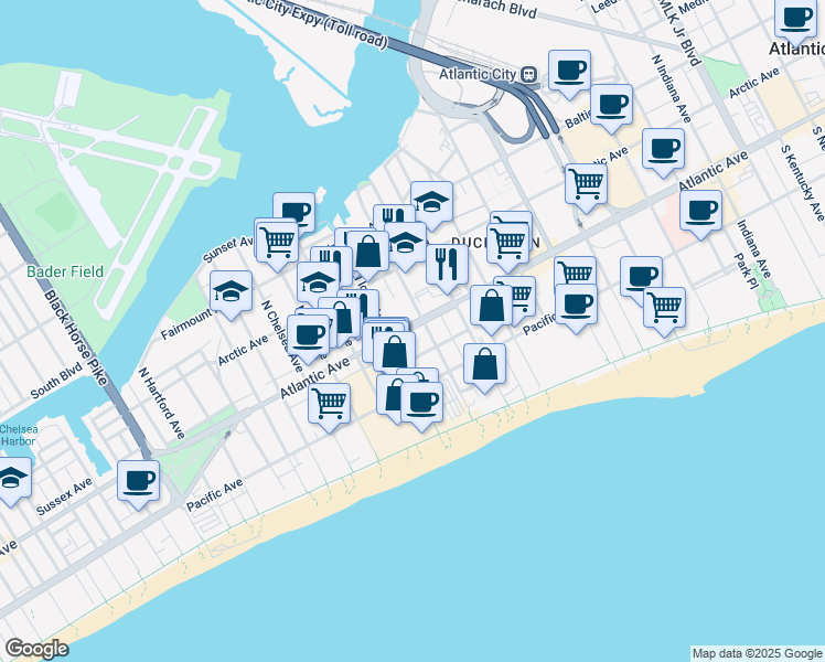 map of restaurants, bars, coffee shops, grocery stores, and more near 2711 Atlantic Avenue in Atlantic City