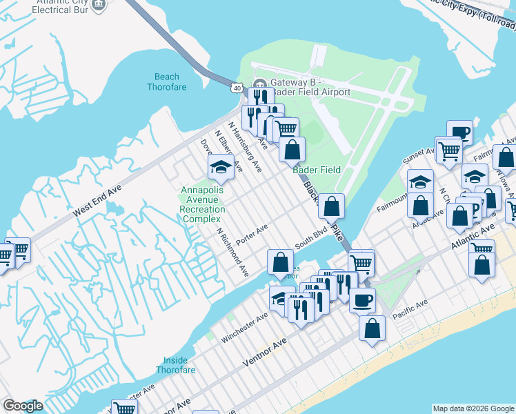 map of restaurants, bars, coffee shops, grocery stores, and more near 455 North Elberon Avenue in Atlantic City