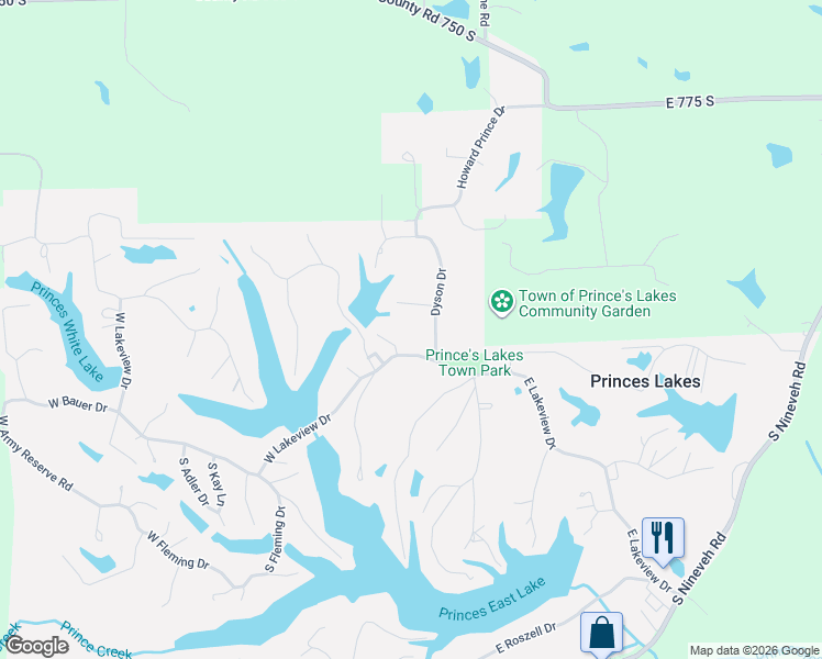 map of restaurants, bars, coffee shops, grocery stores, and more near 8224 Dyson Drive in Princes Lakes