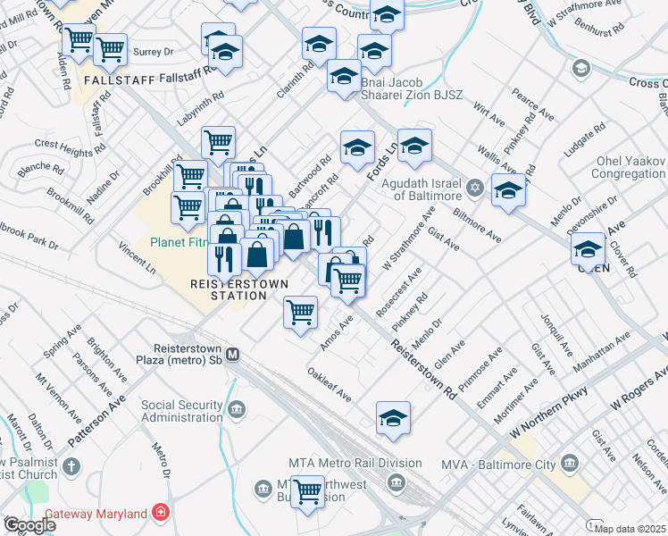 map of restaurants, bars, coffee shops, grocery stores, and more near 4000 Fordleigh Road in Baltimore
