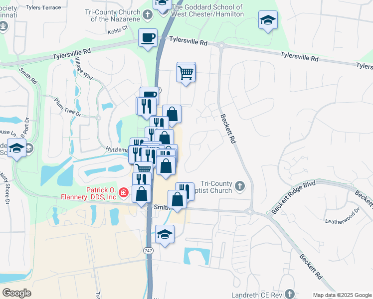 map of restaurants, bars, coffee shops, grocery stores, and more near 7970 Mill Creek Circle in Beckett Ridge