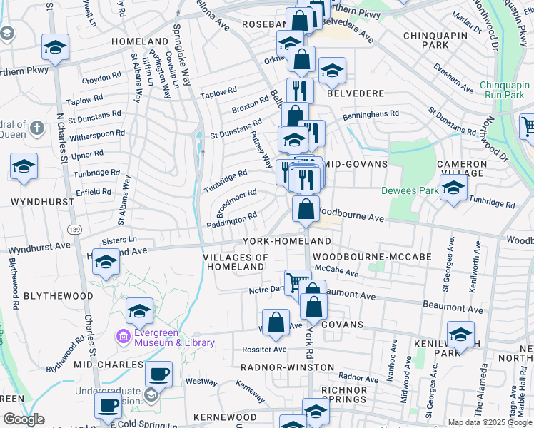 map of restaurants, bars, coffee shops, grocery stores, and more near 327 Paddington Road in Baltimore