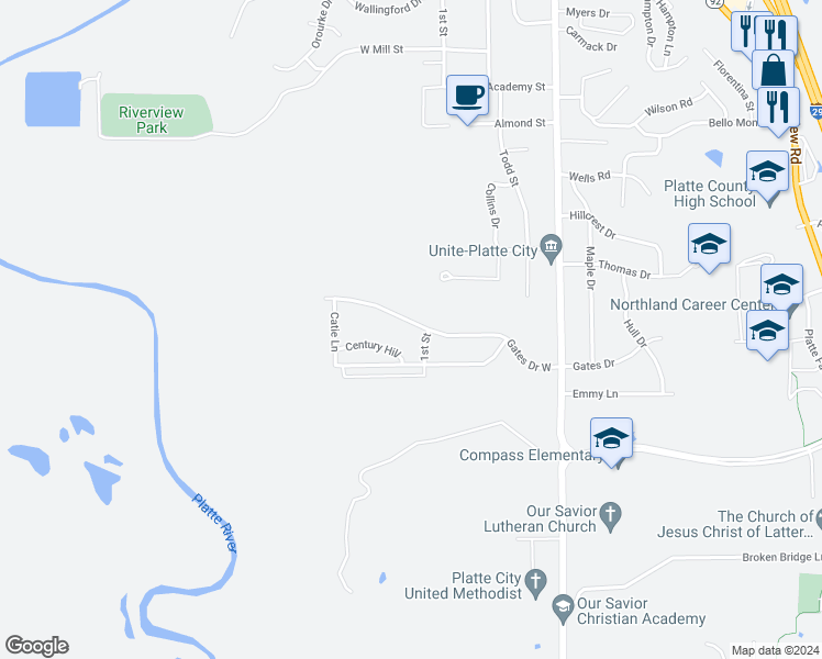 map of restaurants, bars, coffee shops, grocery stores, and more near 1853 Gates Drive West in Platte City